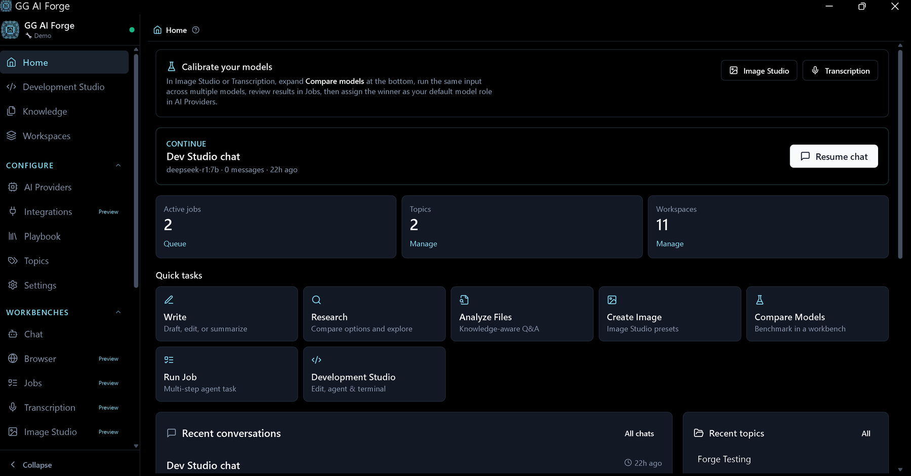 Forge desktop app showing the Home dashboard with active jobs, workspaces, and quick tasks